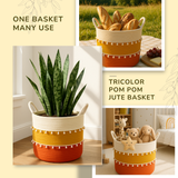 White Pom pom Tricolor Basket - 10 X 10 Inch