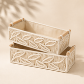 Set of 2 : Leaf Weave Handmade Macrame & Metal Storage Basket (Cream)