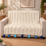 Textured Cream & Blue Cotton Tassel Throw – 50 × 60 Inches