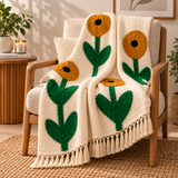 🌻 Sunflower Garden Tufted Cotton Throw with tassels – 50 × 60 Inches