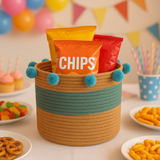 Blue Pom Pom Jute Basket - 10 X 10 Inch