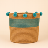 Blue Pom Pom Jute Basket - 10 X 10 Inch