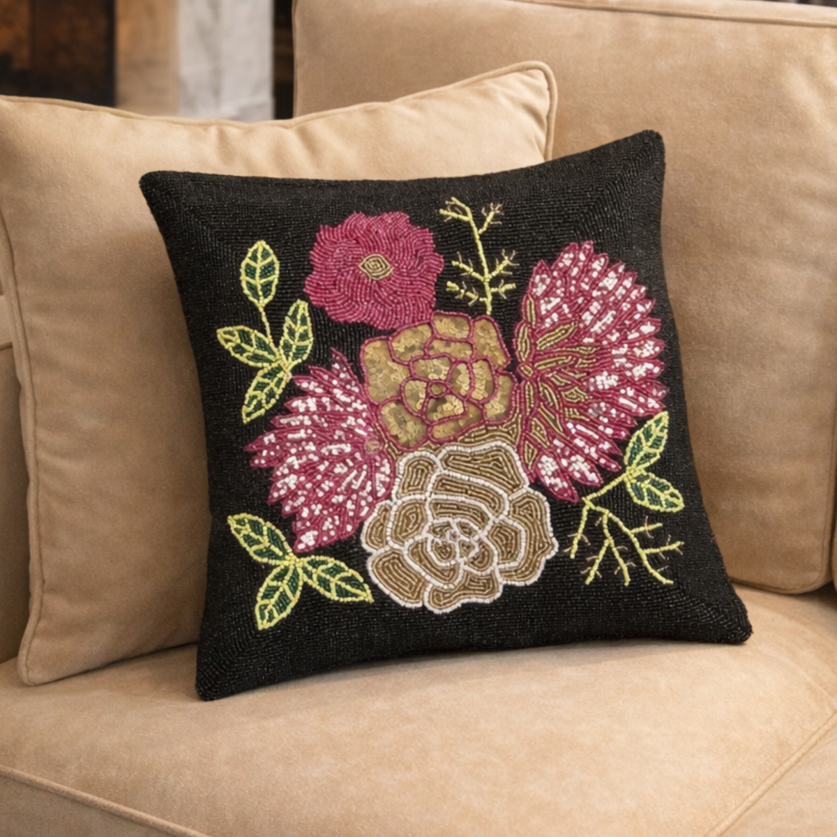 The Royal Bouquet Beaded Pillow Cover (Set of 2) - 15 by 15 Inch