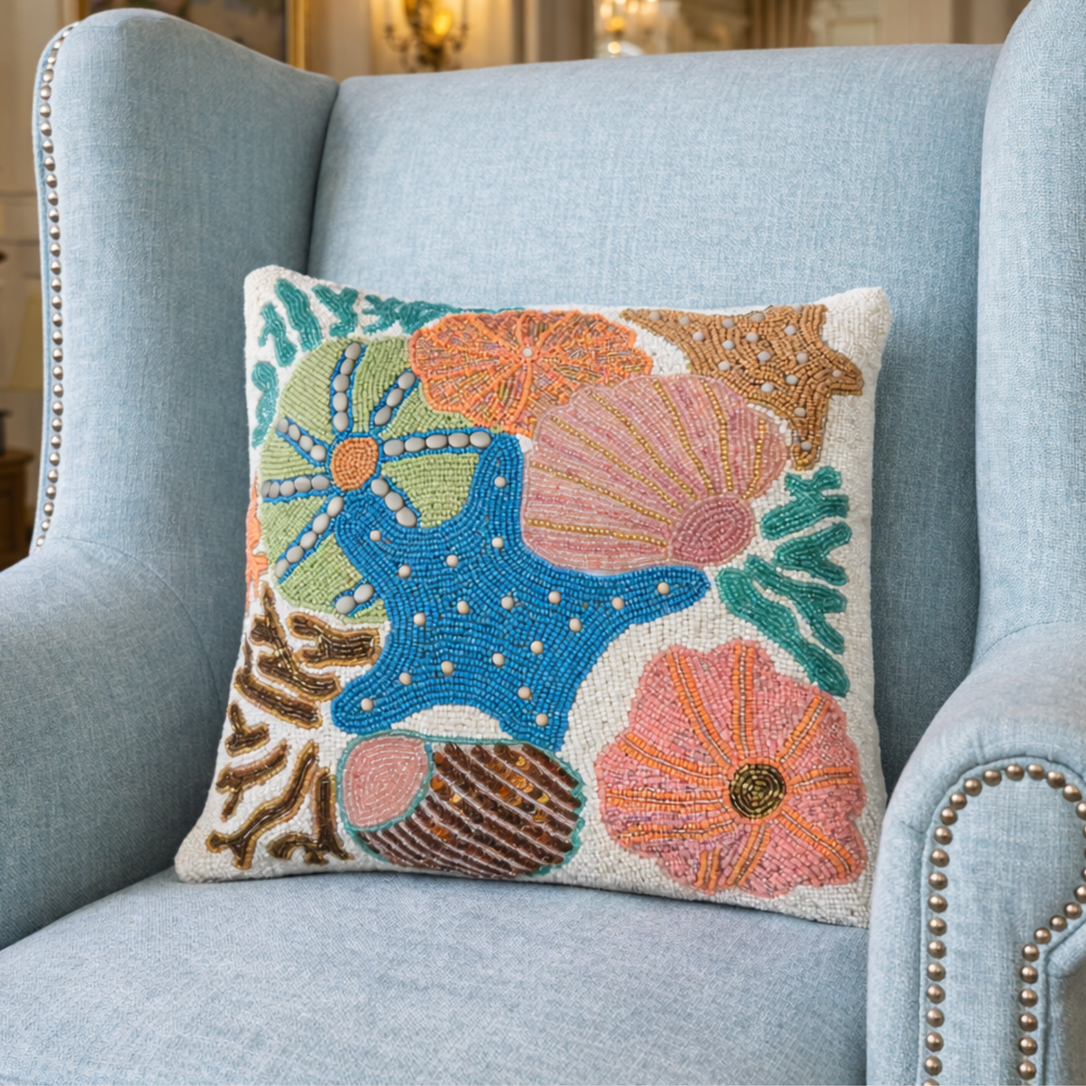 Color Coral Blast Beaded Pillow Cover (Set of 2) - 15 by 15 Inch