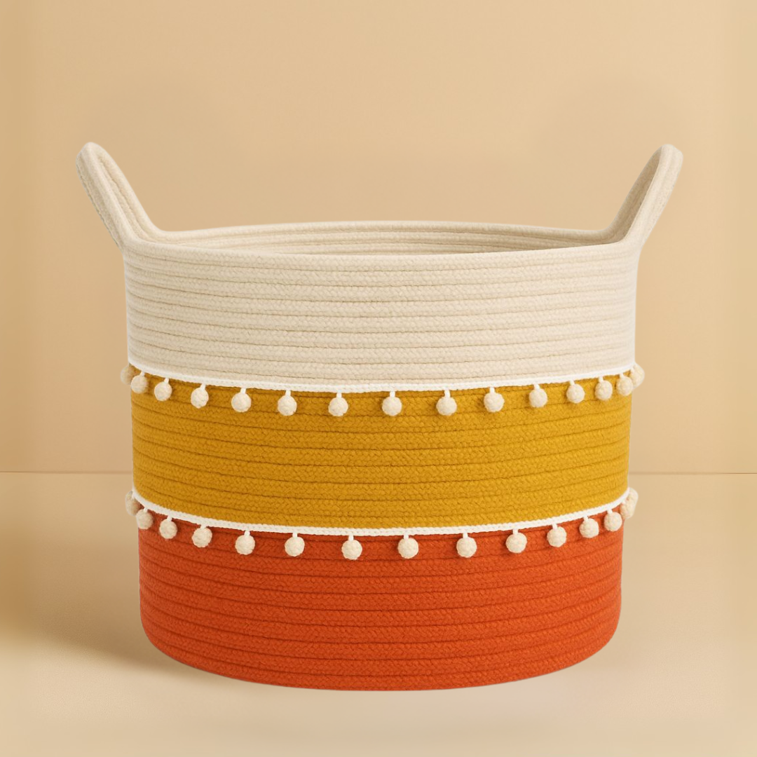 White Pom pom Tricolor Basket - 10 X 10 Inch