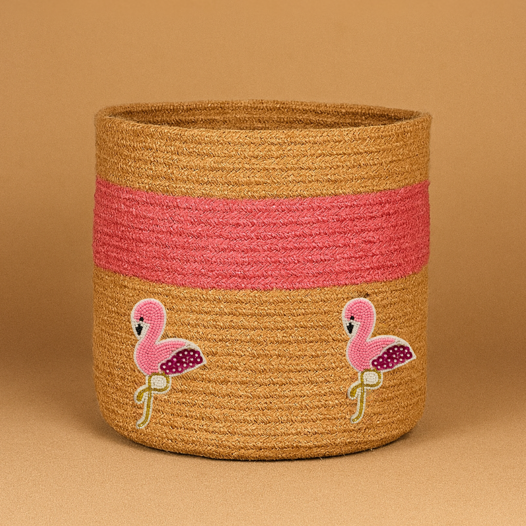 Pink Dancing Flamingo Jute Basket - 10 X 10 Inch