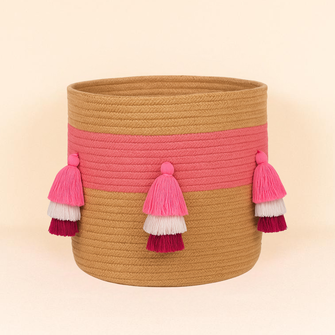 Pink Tricolor Tassle Jute Basket - 10 X 10 Inch