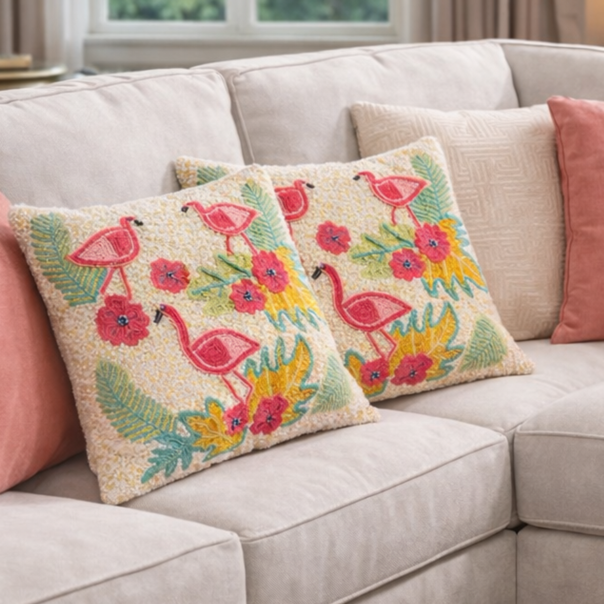 Flamingo Beach Party Beaded Pillow Cover (Set of 2) - 15 by 15 Inch