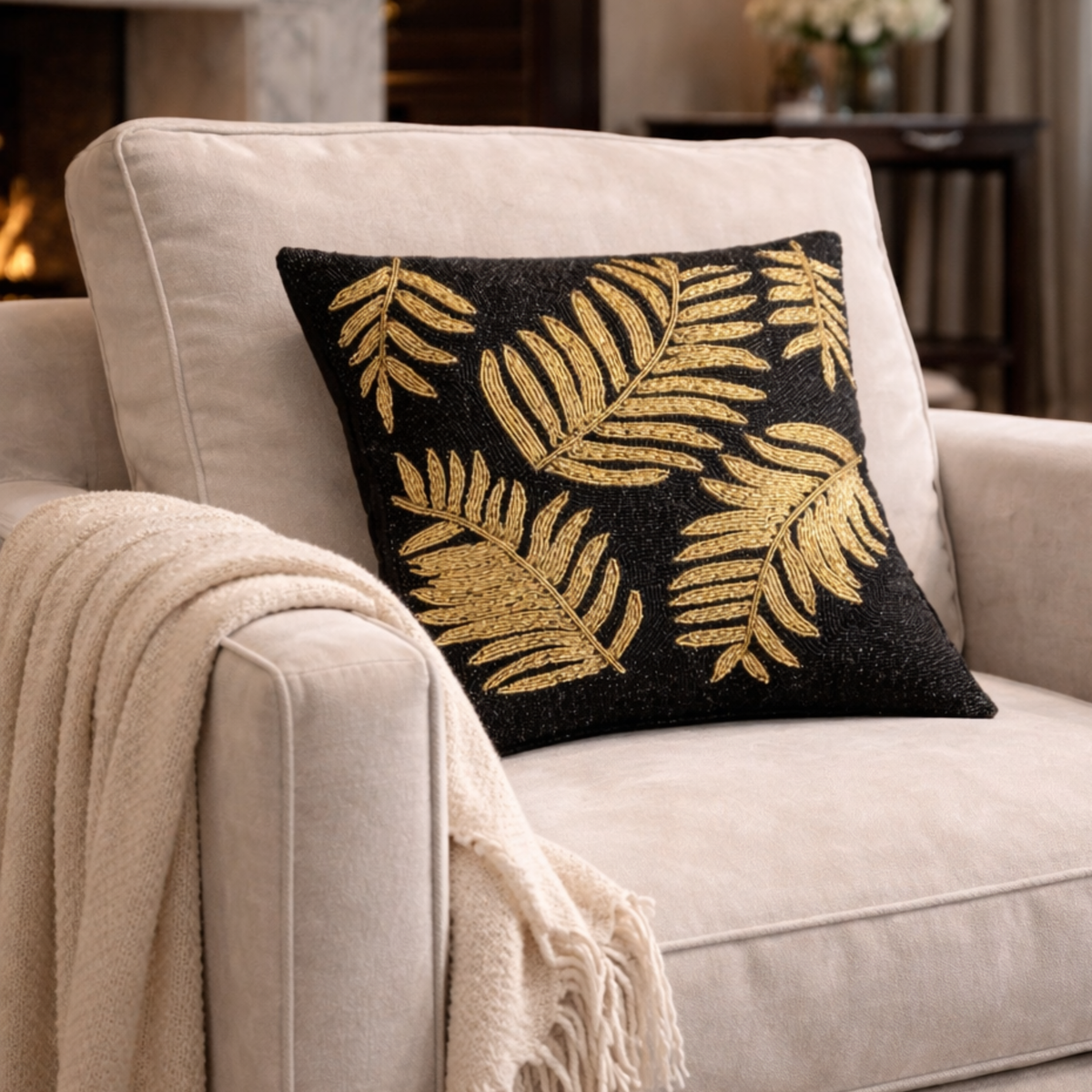 Black Gold Leaf Beaded Pillow Cover (1 Unit ) - 15 by 15 Inch