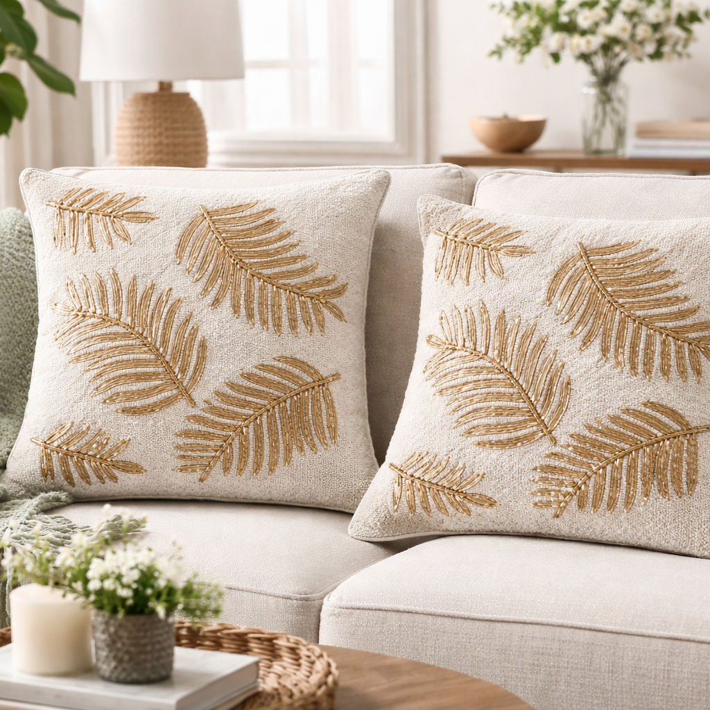 White Gold Leaf Beaded Pillow Cover (Set of 2) - 15 by 15 Inch