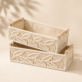 Set of 2 : Leaf Weave Handmade Macrame & Metal Storage Basket (Cream)