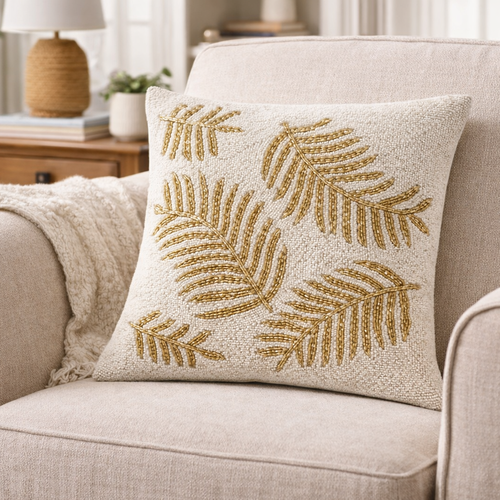 White Gold Leaf Beaded Pillow Cover (1 Unit) - 15 by 15 Inch