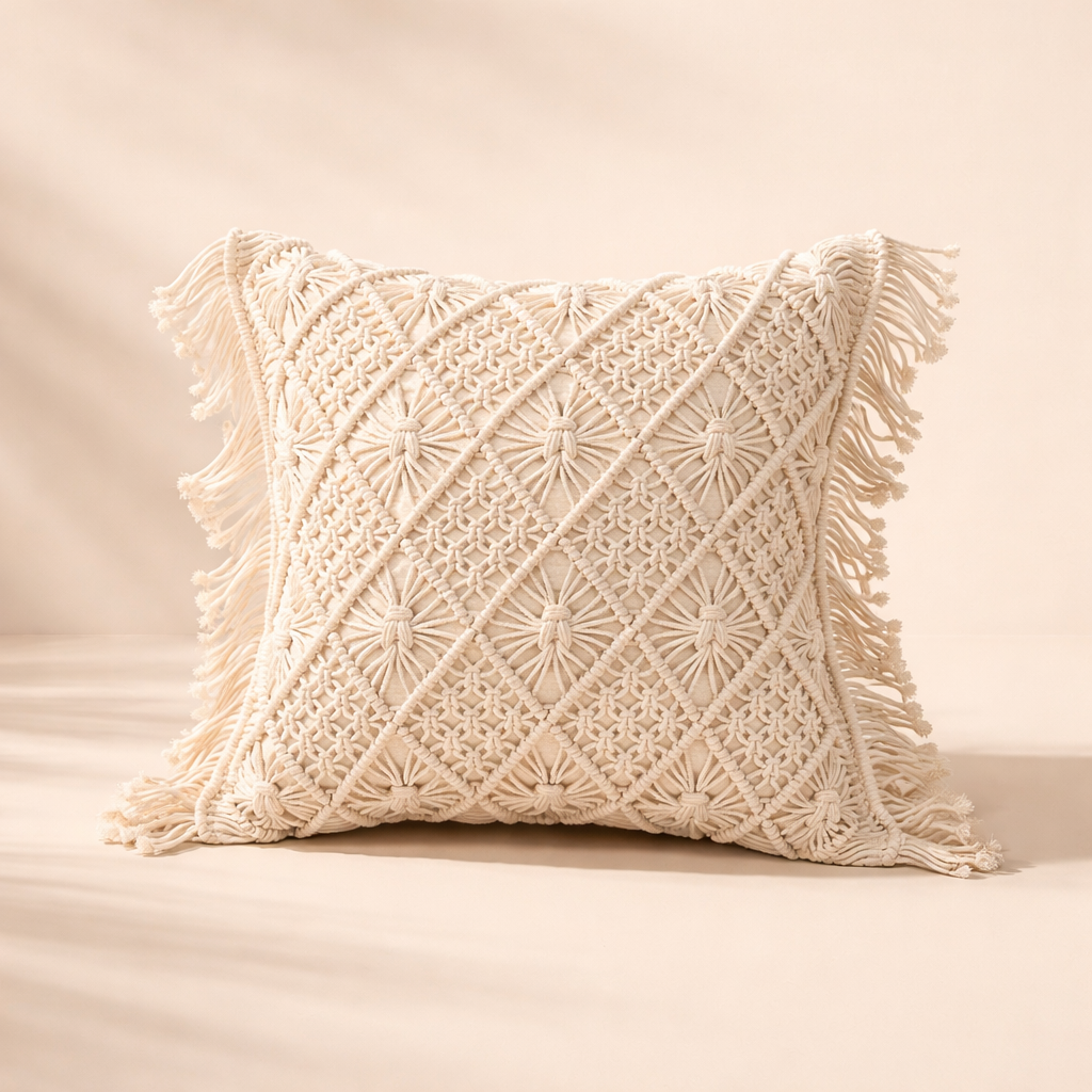 Tassle & Checks Handwoven Macrame Cover - 16 X 16 inch
