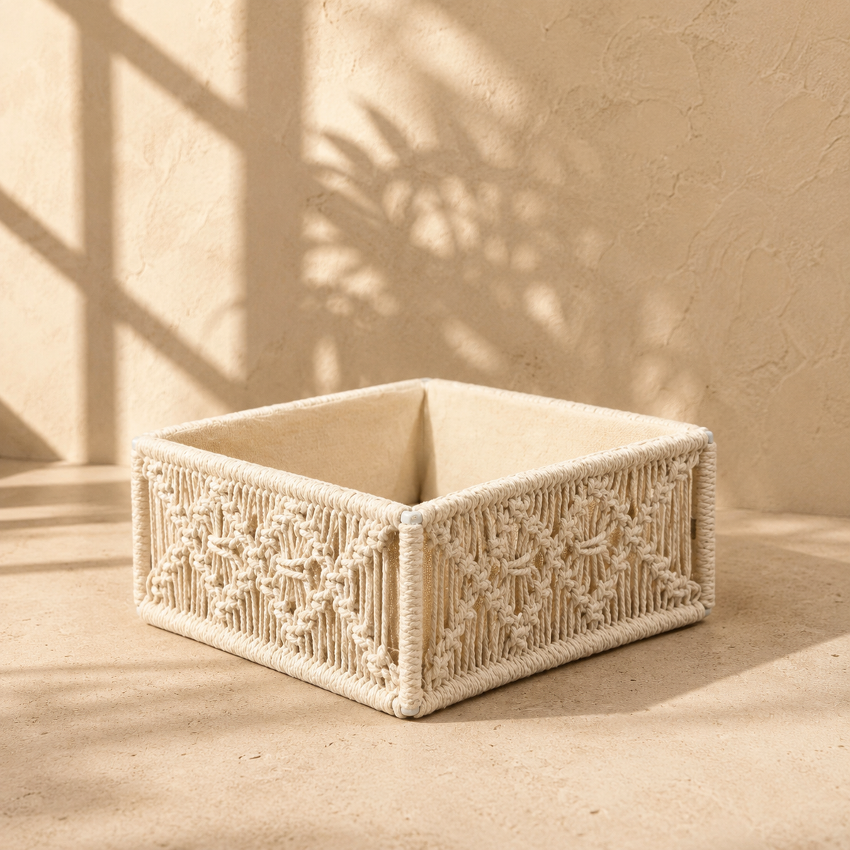 Criss & Cross Weave Handmade Macrame & Metal Storage Basket - 8 X 8 X 3.5