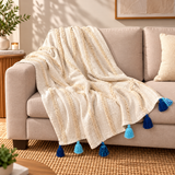 Textured Cream & Blue Cotton Tassel Throw – 50 × 60 Inches