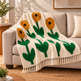 🌻 Sunflower Garden Tufted Cotton Throw with tassels – 50 × 60 Inches