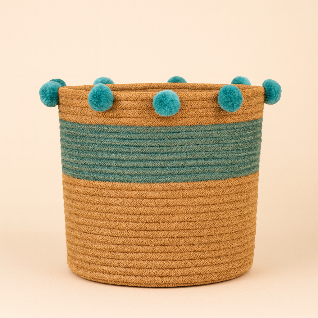 Blue Pom Pom Jute Basket - 10 X 10 Inch