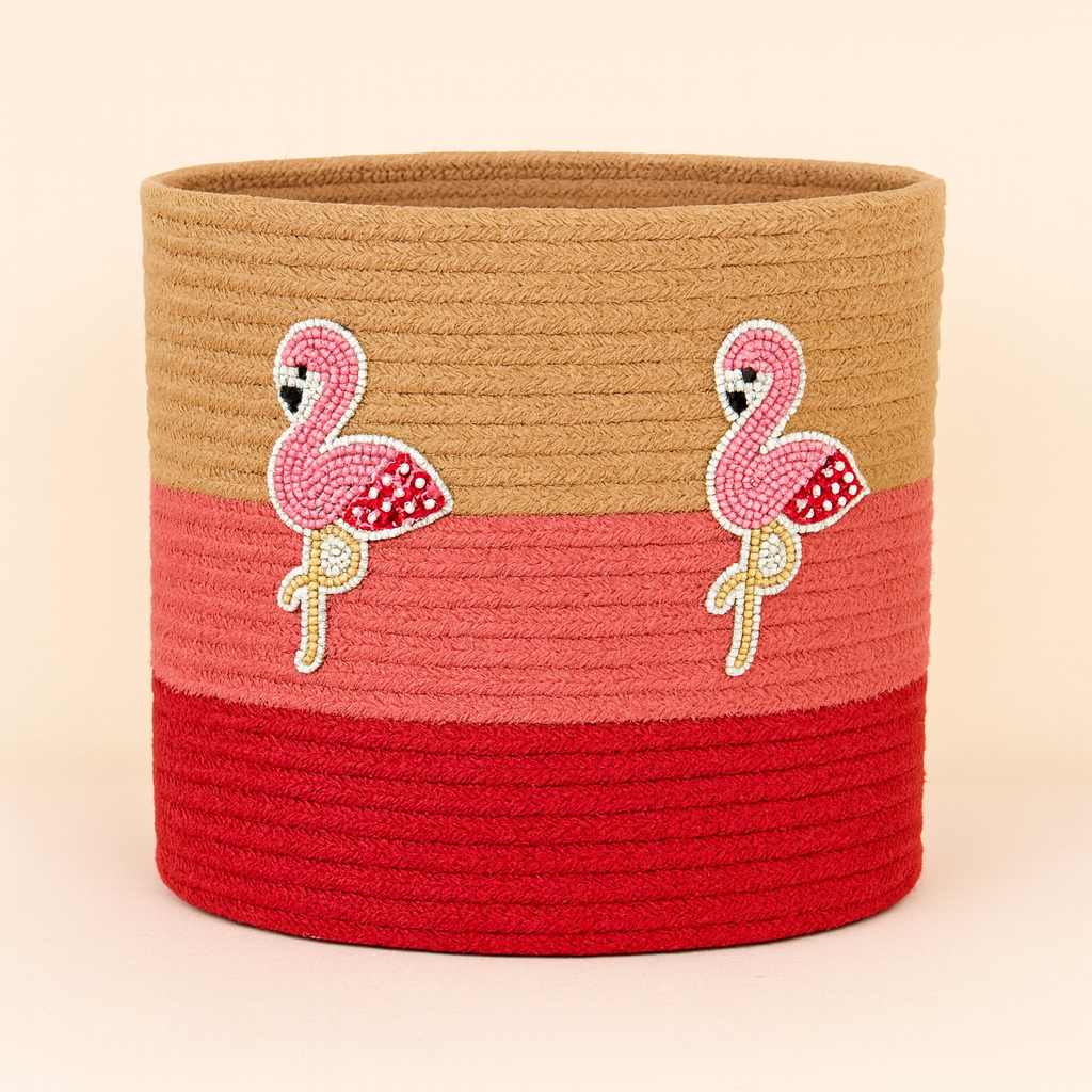 Pink Tricolor Flamingo Jute Basket - 10 X 10 Inch