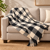 Textured Chess Board Black & Beige Cotton Throw – 50 × 60 Inches
