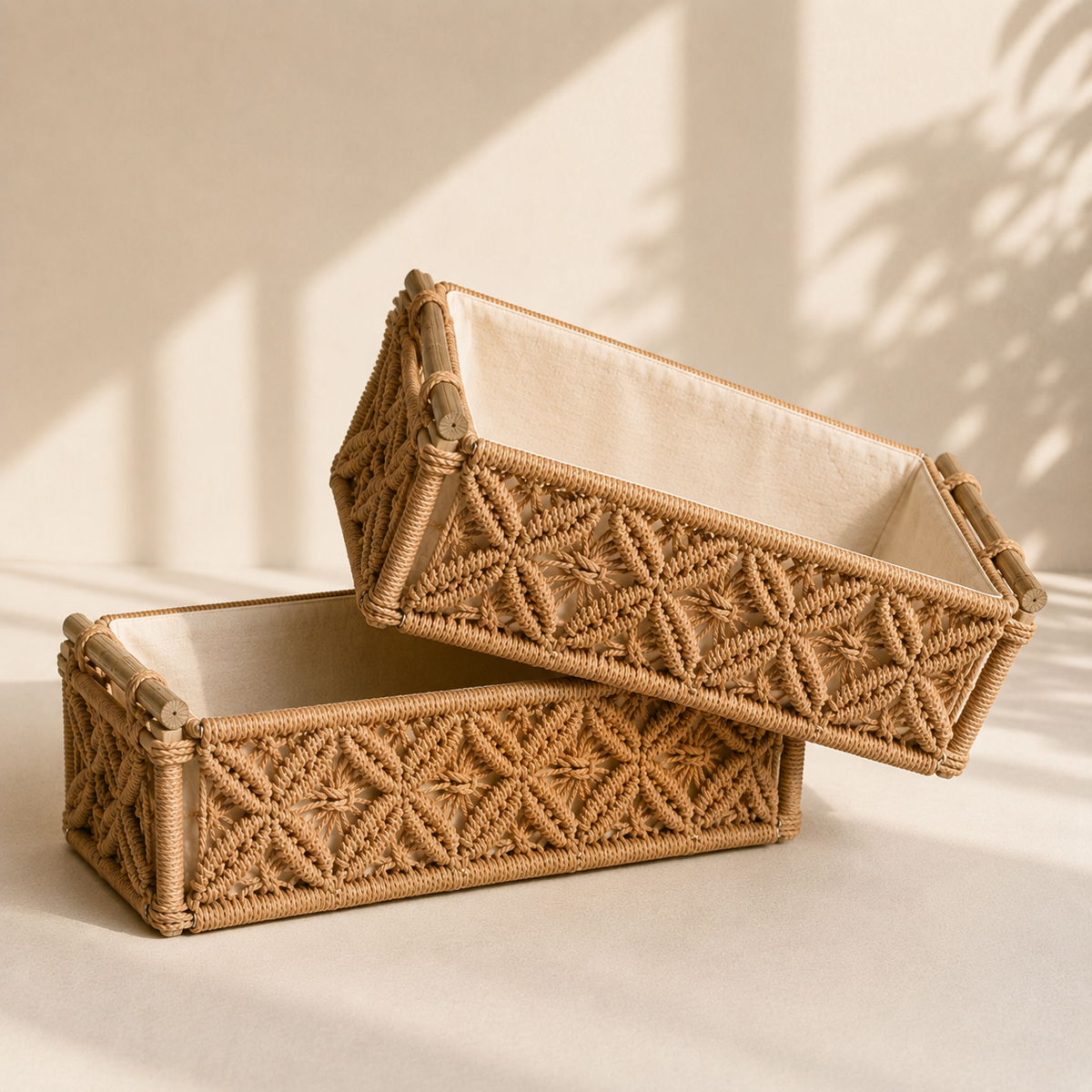 Set of 2 : Checks Handmade Macrame & Metal Storage Basket (Caramel)