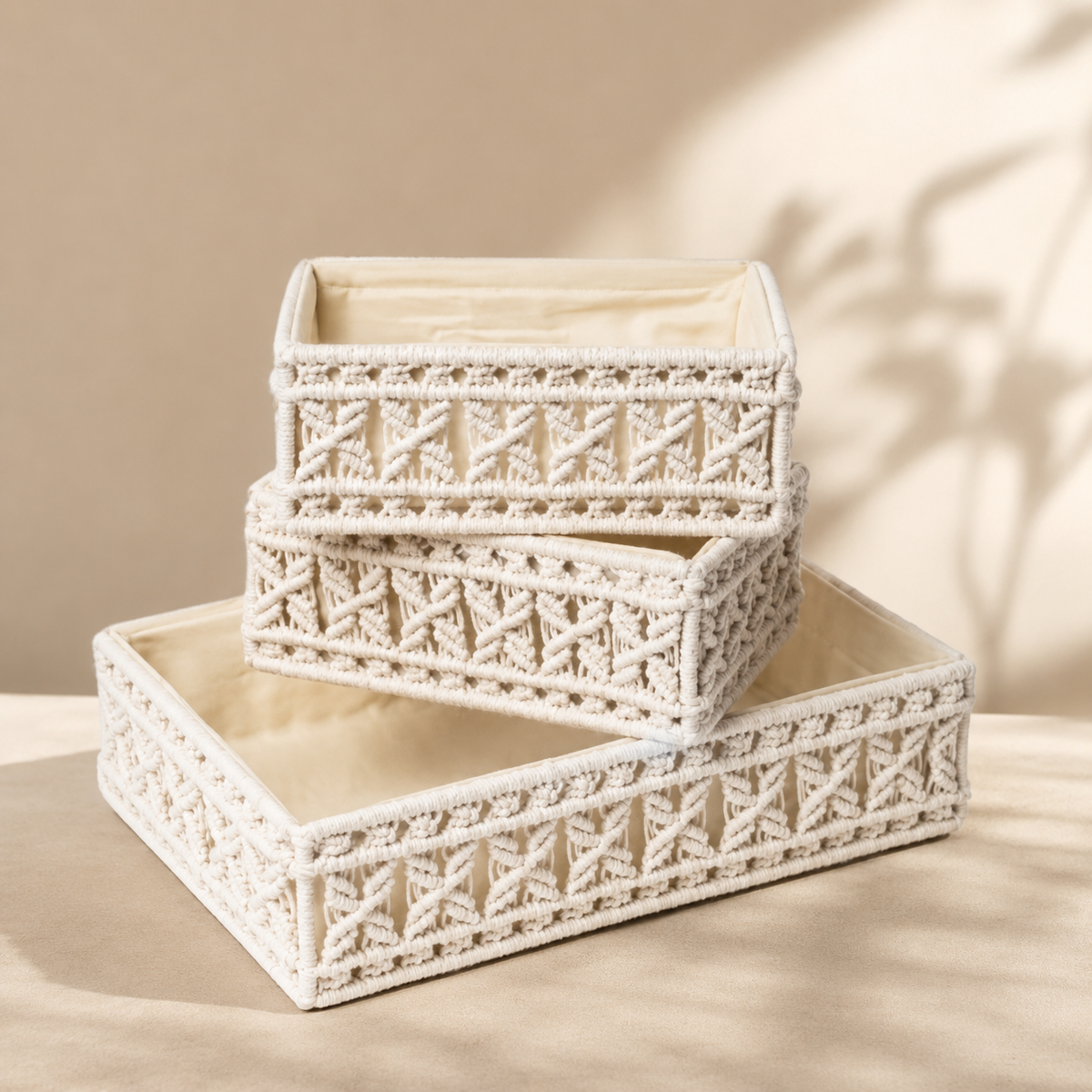 Set of 3 : Checks Handmade Macrame & Metal Storage Basket