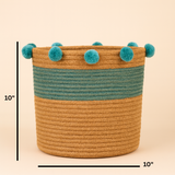 Blue Pom Pom Jute Basket - 10 X 10 Inch