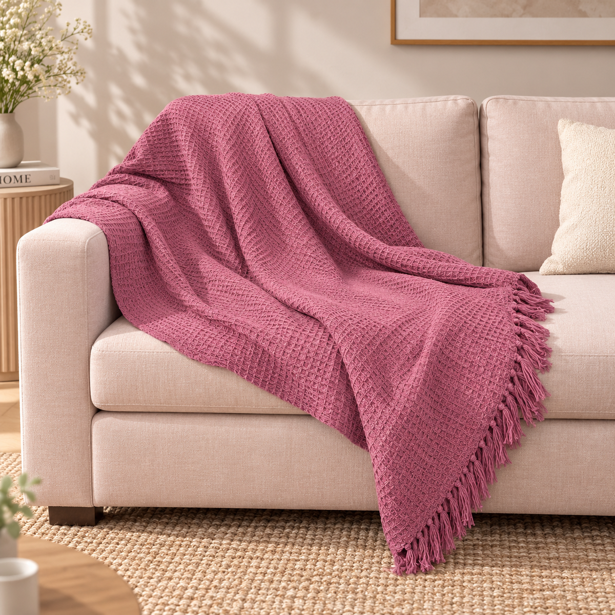 Textured Dusty Rose Pink Cotton Tassel Throw – 50 × 60 Inches