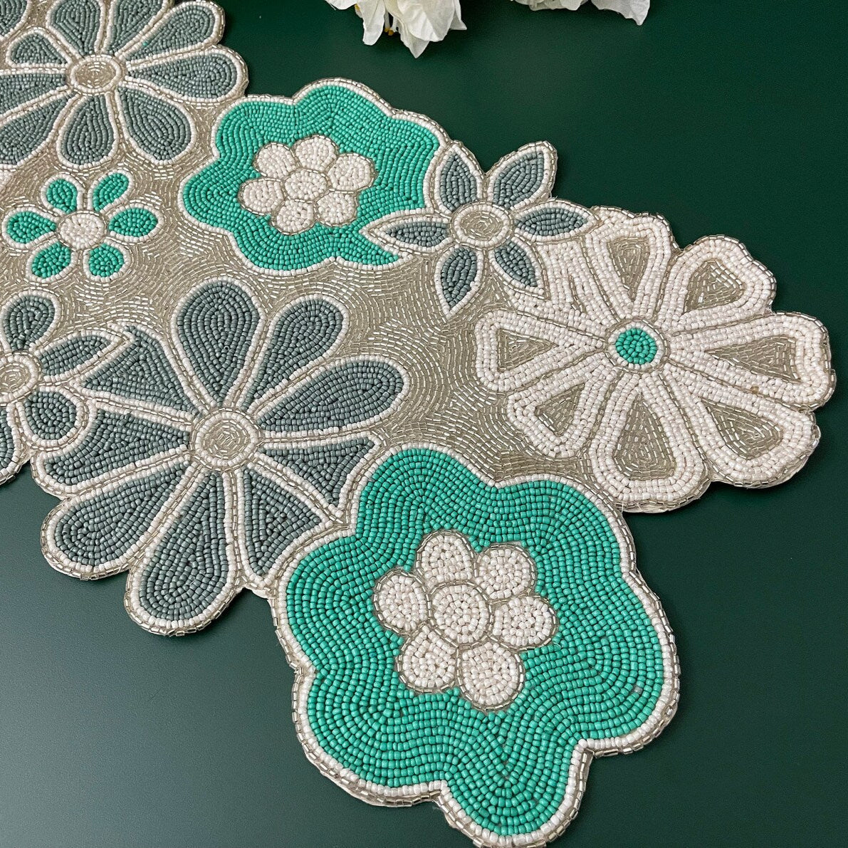 Silver Blue Bead Premium Table Runner - 13 X 36 inch