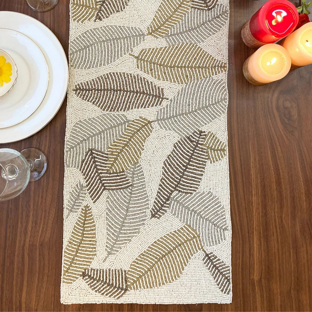 White Pearl Bead Premium Table Runner - 13 X 36 Inch