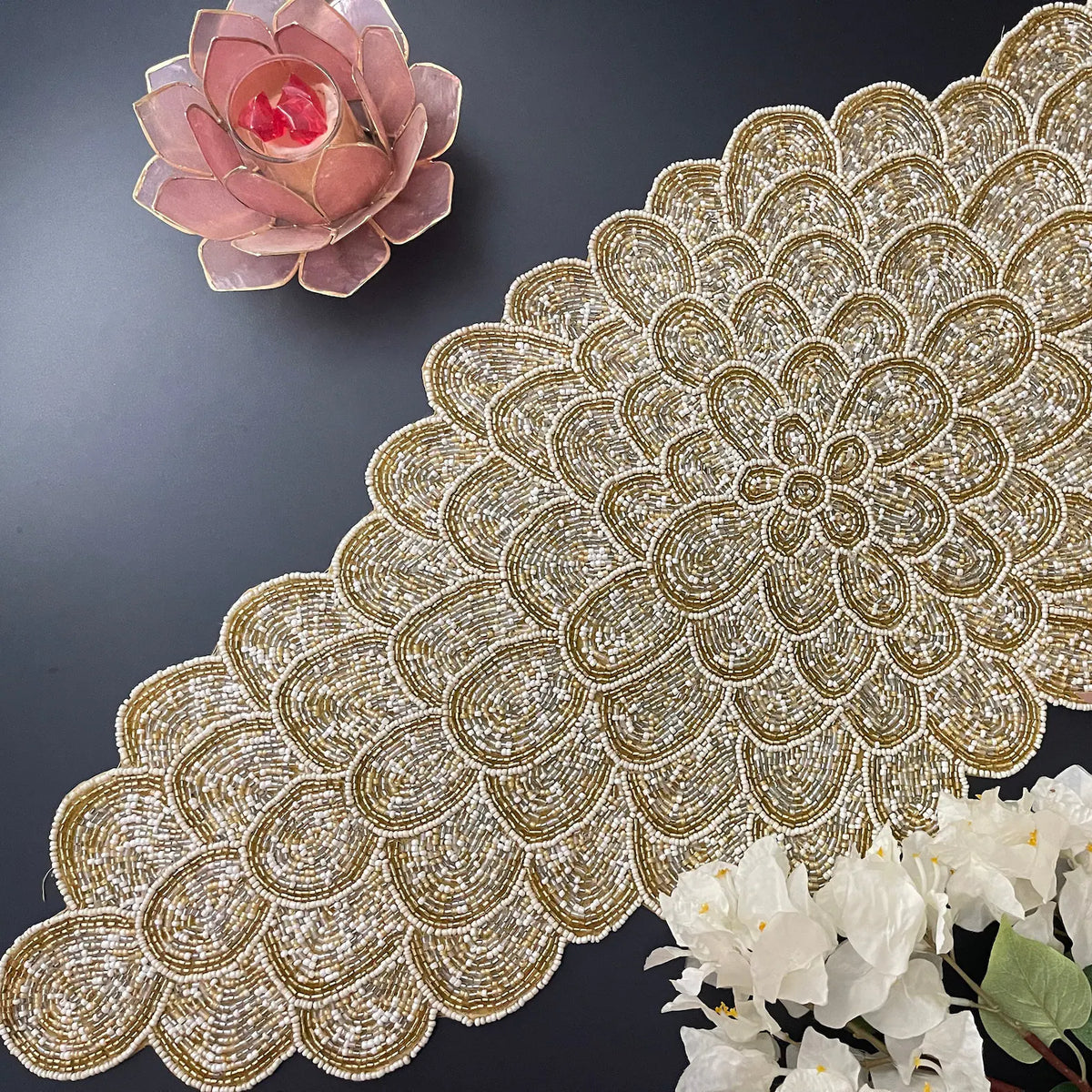 Golden Beige Beads Table Runner - 13 X 36 Inch