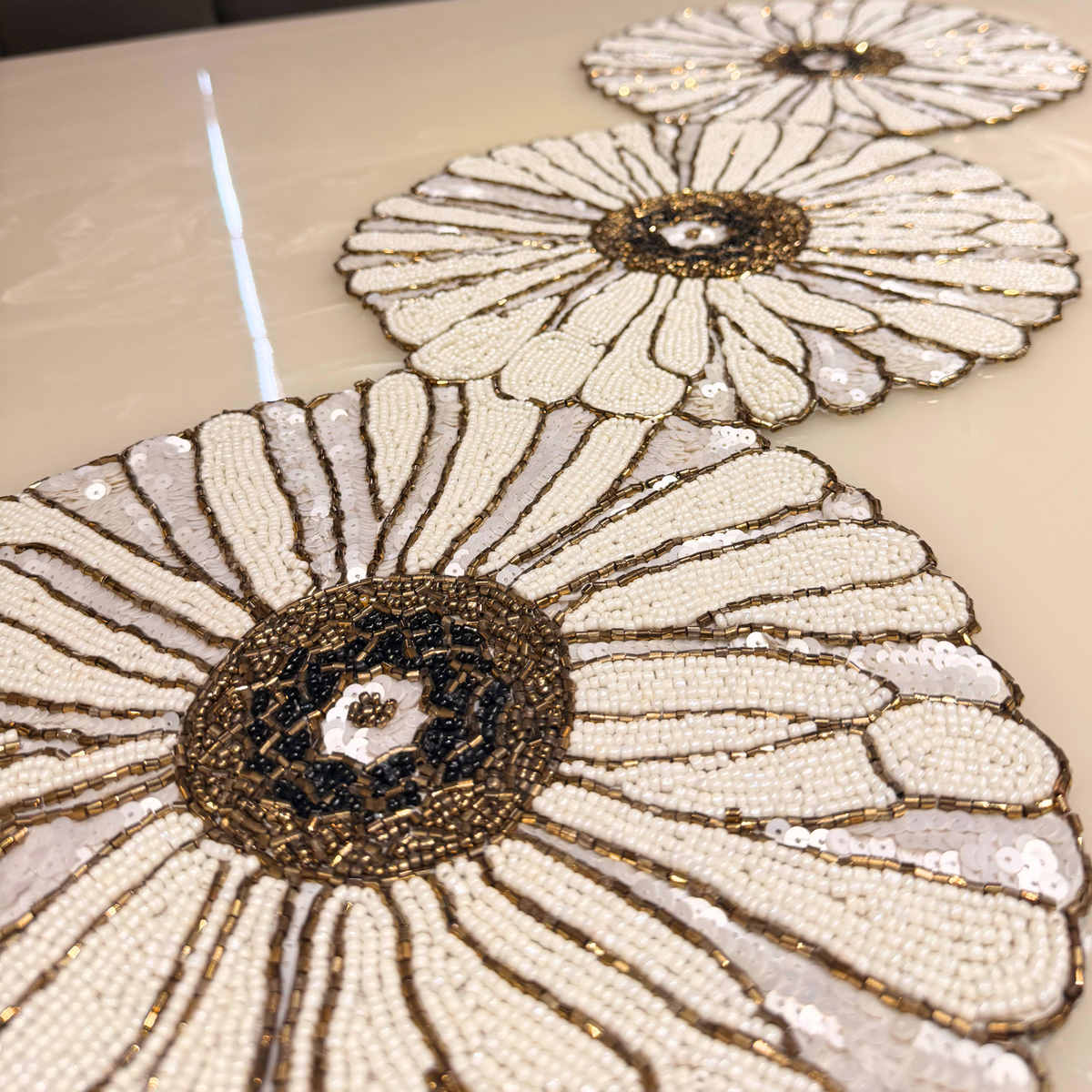 White Daisy luxe Beads Table Runner - 13 X 36 Inch